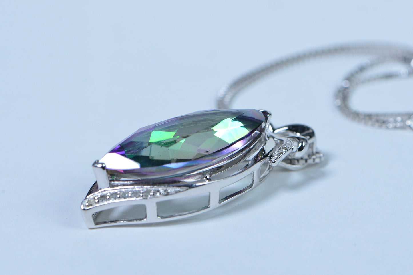 Mystic Topaz Sterling Silver Pendant: Marquise Necklace, Simulated Diamonds
