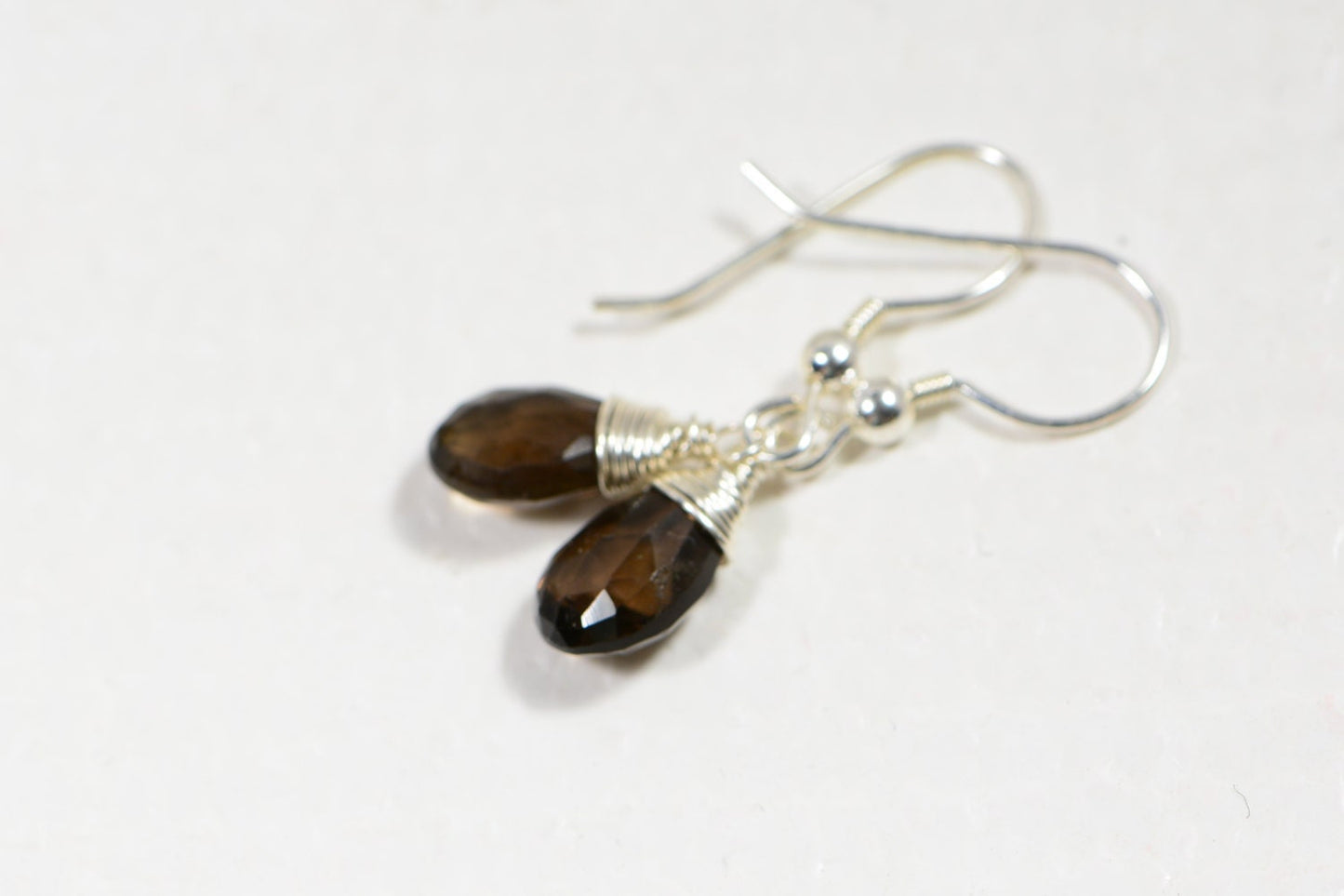 Smokey Quartz Drop Earrings: Wire Wrapped Sterling Silver, 1 Inch