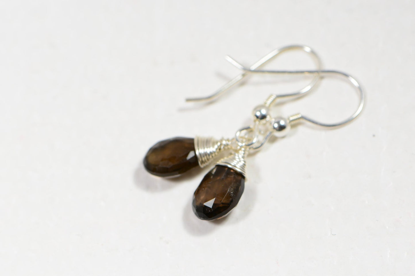 Smokey Quartz Drop Earrings: Wire Wrapped Sterling Silver, 1 Inch