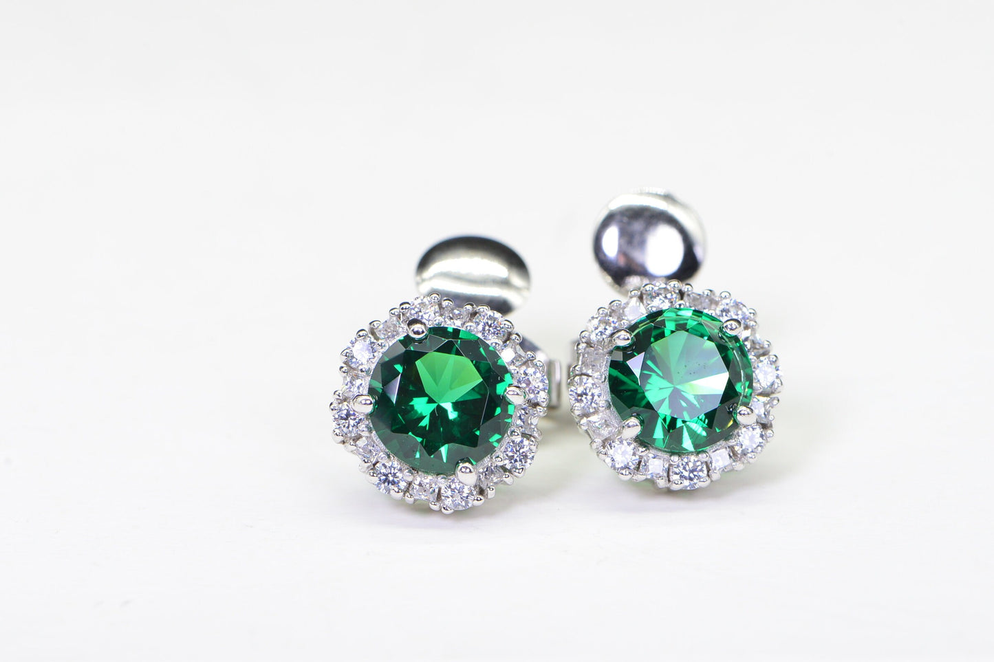 Emerald Halo Stud Earrings: Simulated Diamond, Sterling Silver 925