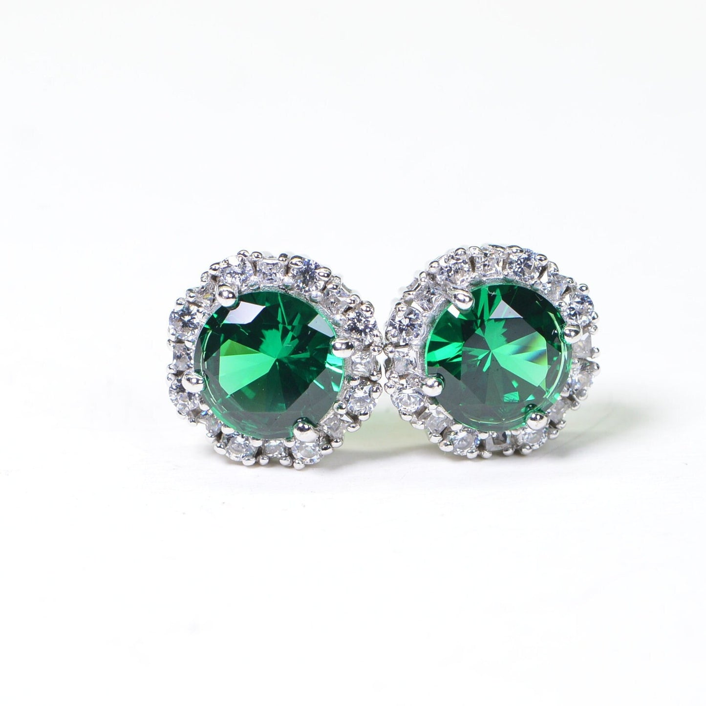 Emerald Halo Stud Earrings: Simulated Diamond, Sterling Silver 925
