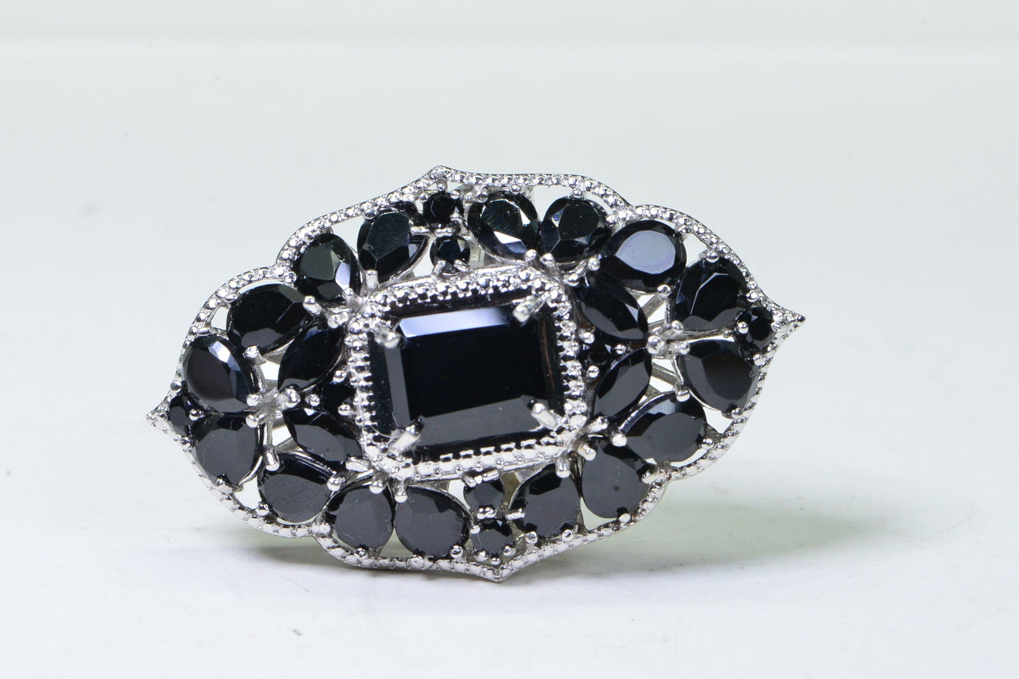 Thai Black Spinel Ring: Platinum Flower Cocktail Statement Ring