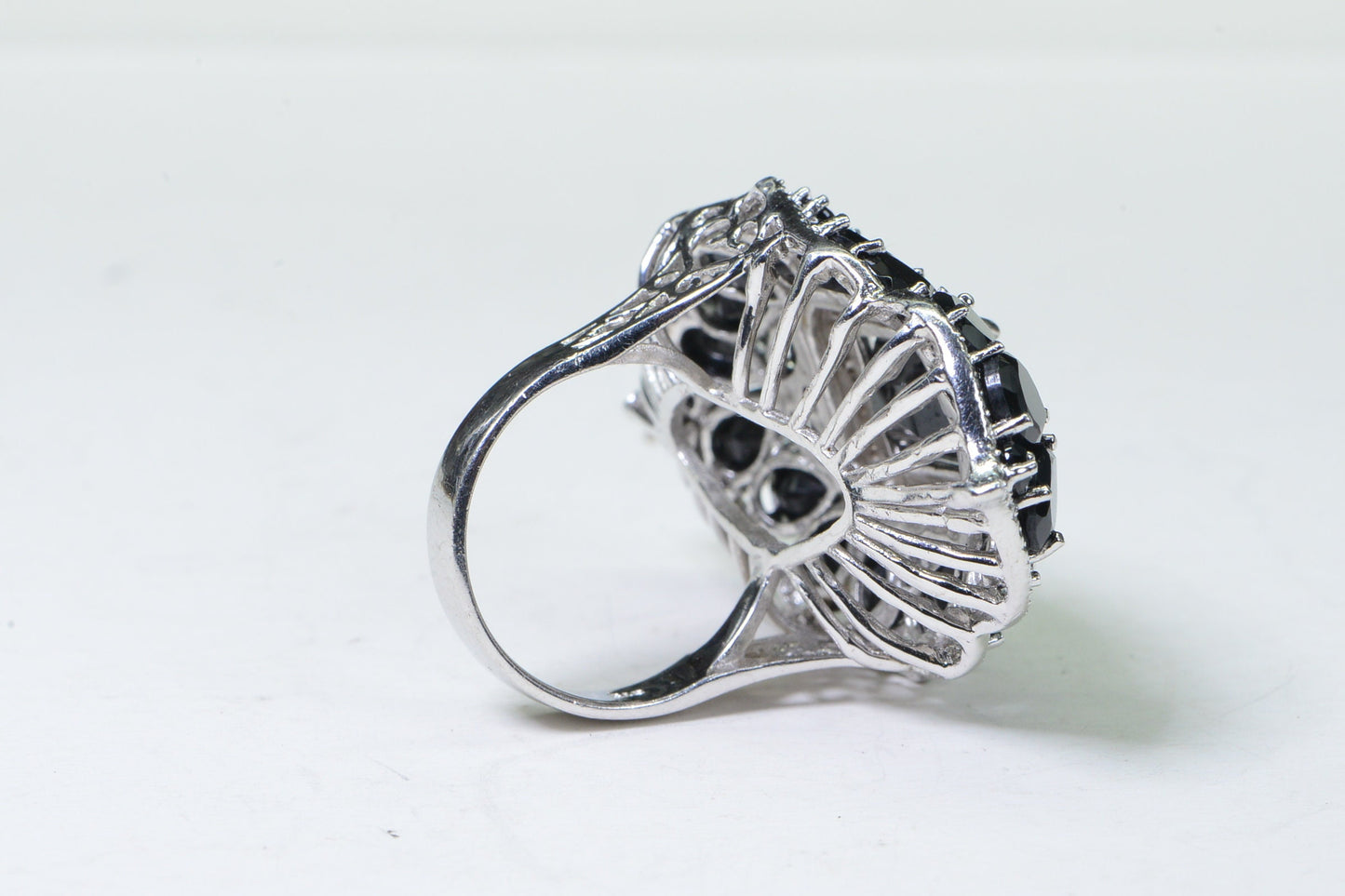 Thai Black Spinel Ring: Platinum Flower Cocktail Statement Ring