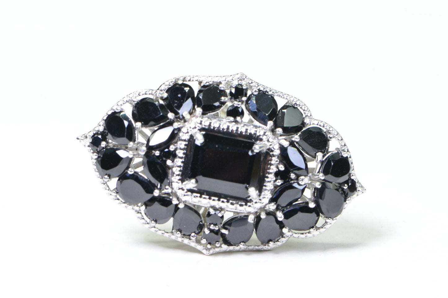 Thai Black Spinel Ring: Platinum Flower Cocktail Statement Ring