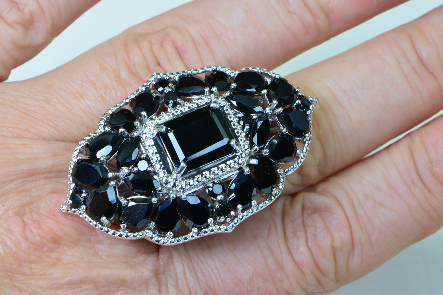 Thai Black Spinel Ring: Platinum Flower Cocktail Statement Ring