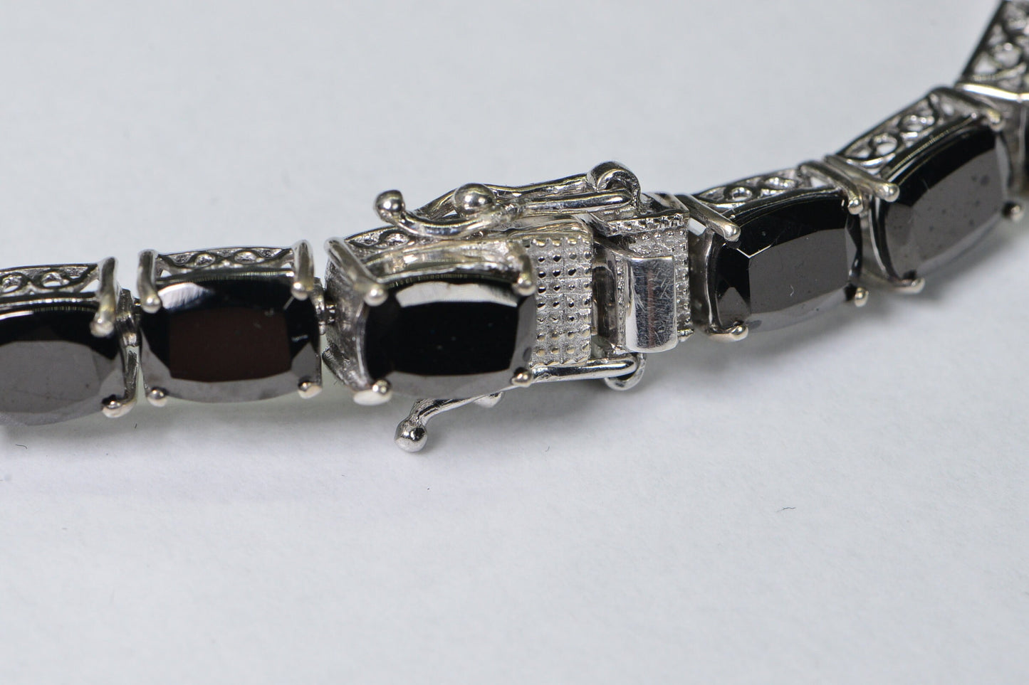 Vintage Black Spinel Tennis Bracelet: 925 Sterling Silver, Emerald Cut