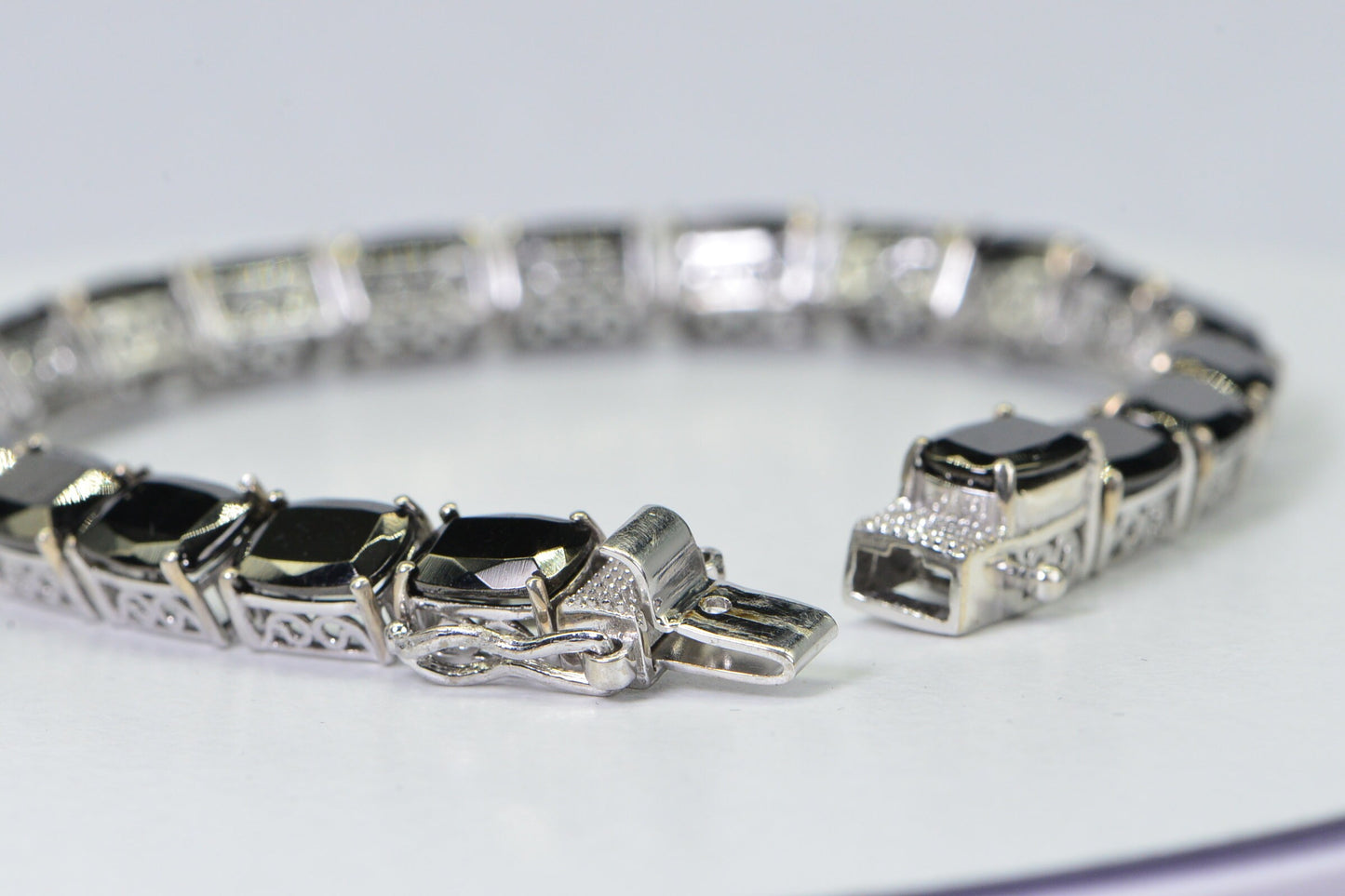 Vintage Black Spinel Tennis Bracelet: 925 Sterling Silver, Emerald Cut