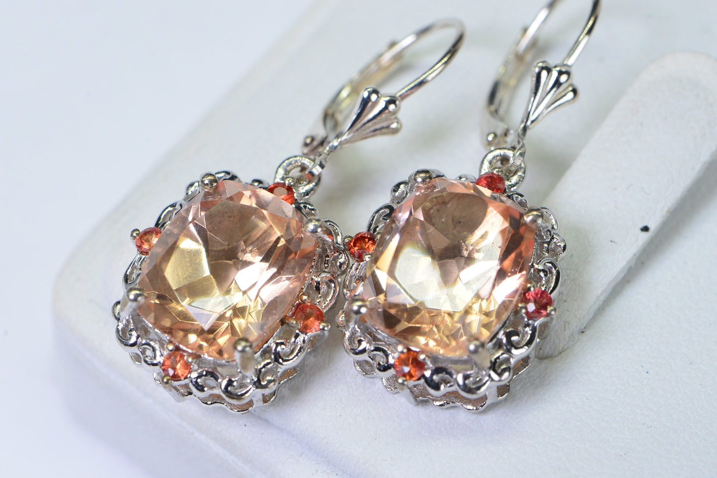 Peach Morganite Earrings, Emerald Cut, Filigree Sterling Silver