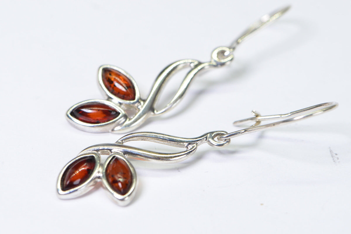 Baltic Amber Earrings: Sterling Silver Branch Leaf Dangle Earrings
