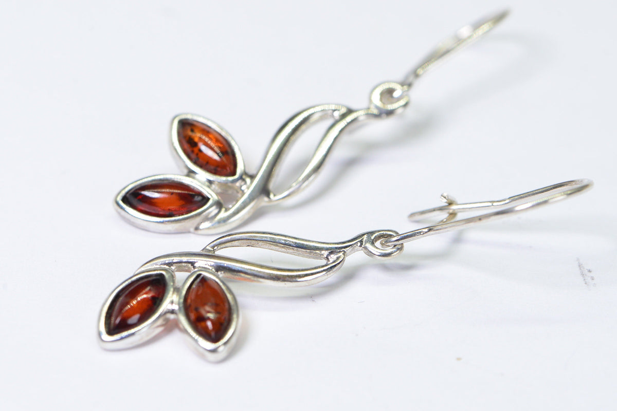 Baltic Amber Earrings: Sterling Silver Branch Leaf Dangle Earrings