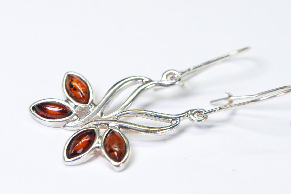 Baltic Amber Earrings: Sterling Silver Branch Leaf Dangle Earrings
