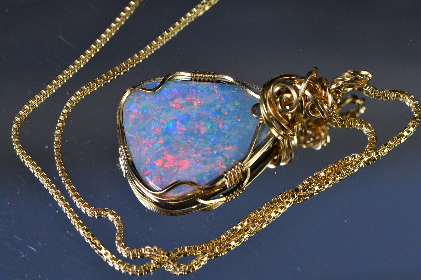 Rainbow Australian Opal Pendant Necklace, 14k Gold Wire Wrapped Jewelry