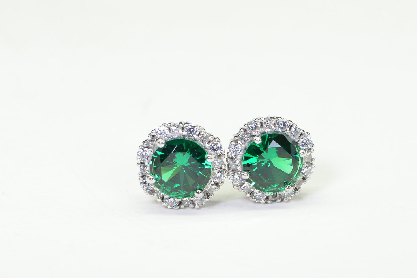 Emerald Halo Stud Earrings: Simulated Diamond, Sterling Silver 925