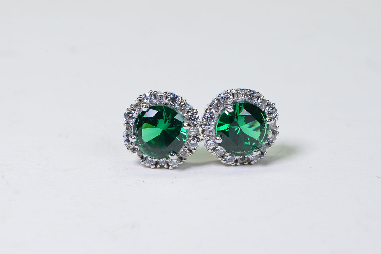 Emerald Halo Stud Earrings: Simulated Diamond, Sterling Silver 925