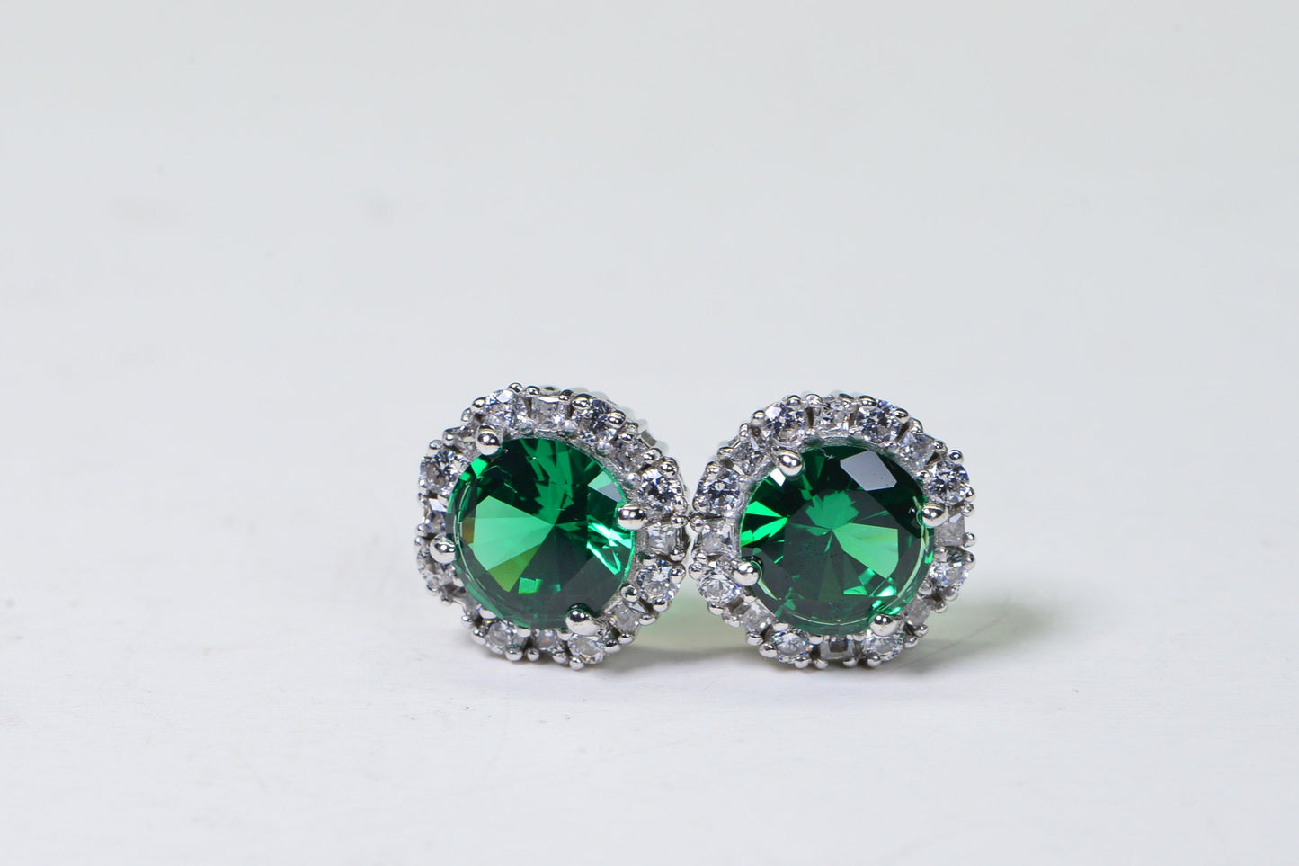 Emerald Halo Stud Earrings: Simulated Diamond, Sterling Silver 925