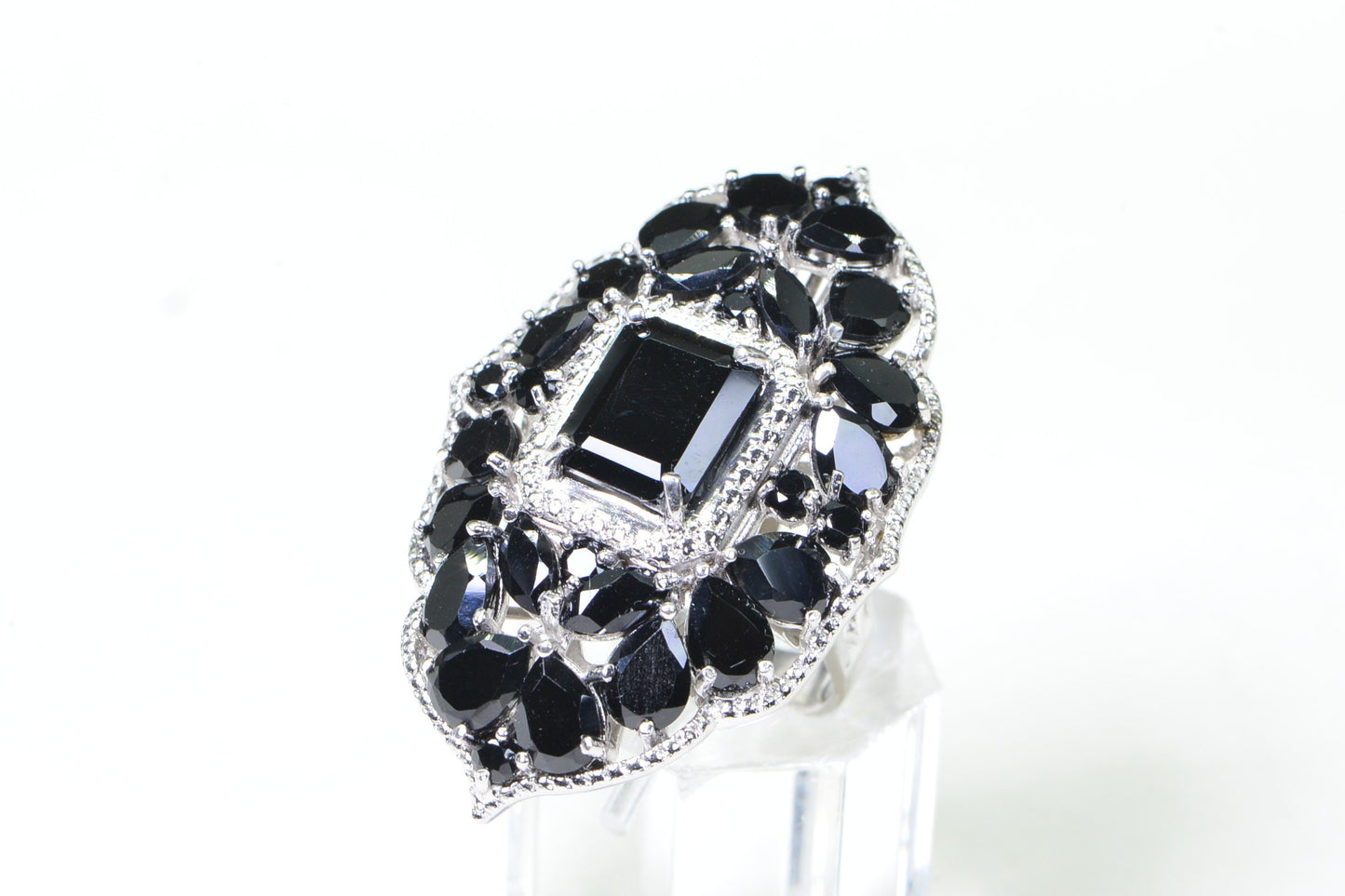 Thai Black Spinel Ring: Platinum Flower Cocktail Statement Ring