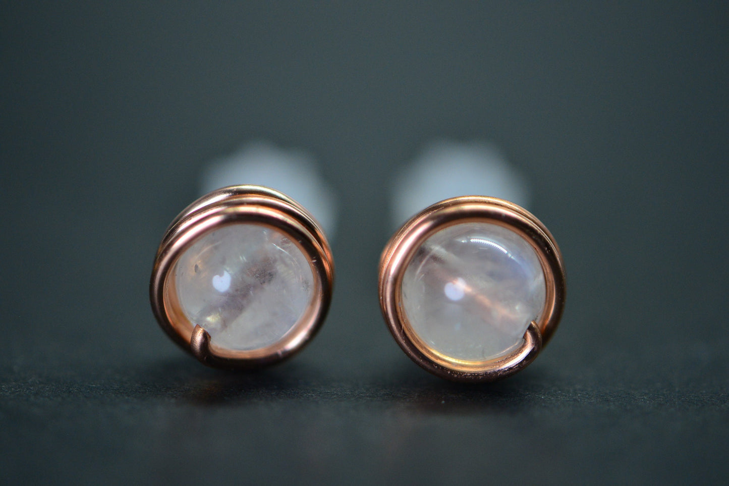 Handmade Copper Wire Wrapped Moonstone Stud Earrings (6mm)