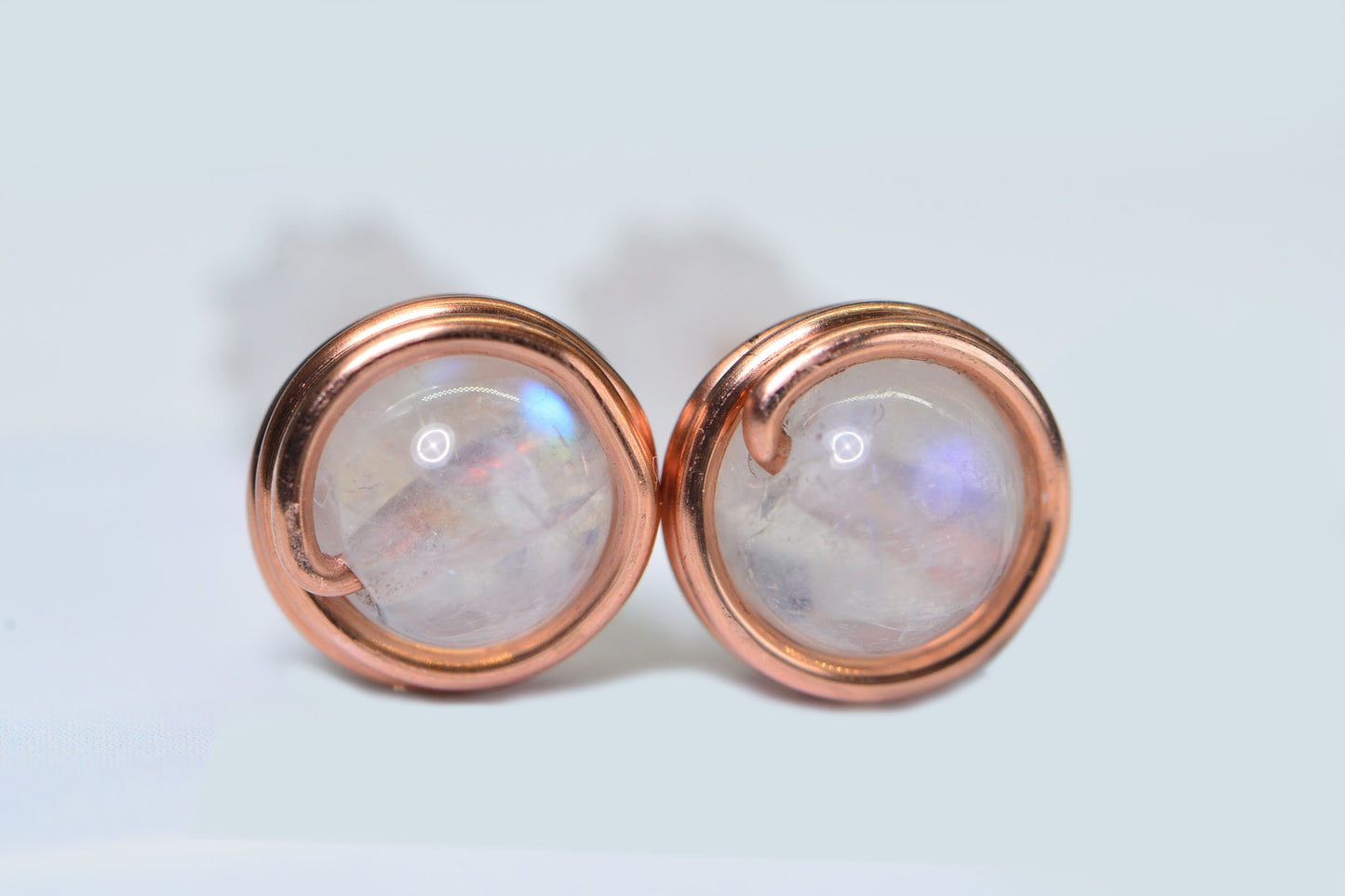 Handmade Copper Wire Wrapped Amber Stud Earrings (8mm)