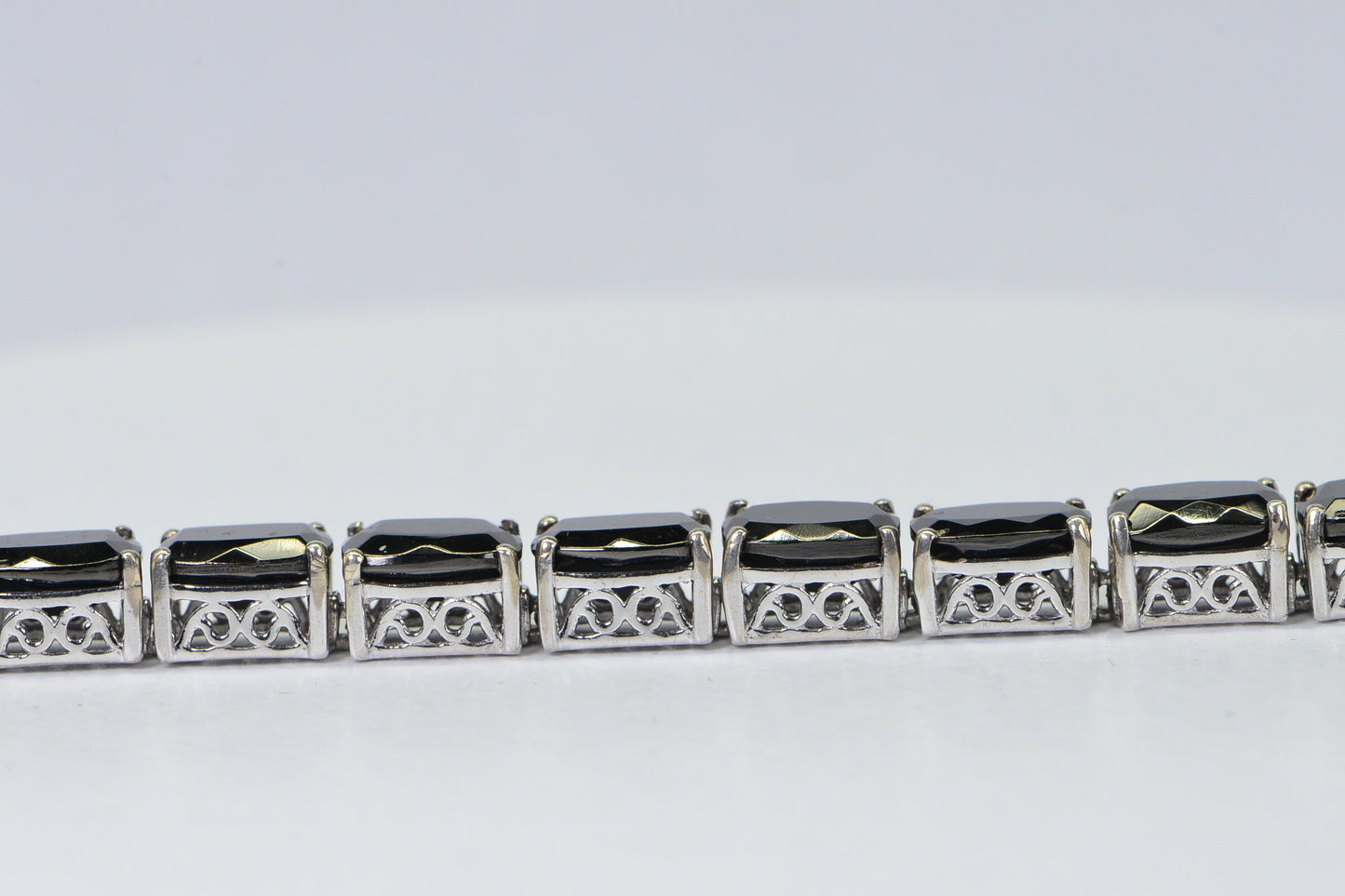 Vintage Black Spinel Tennis Bracelet: 925 Sterling Silver, Emerald Cut
