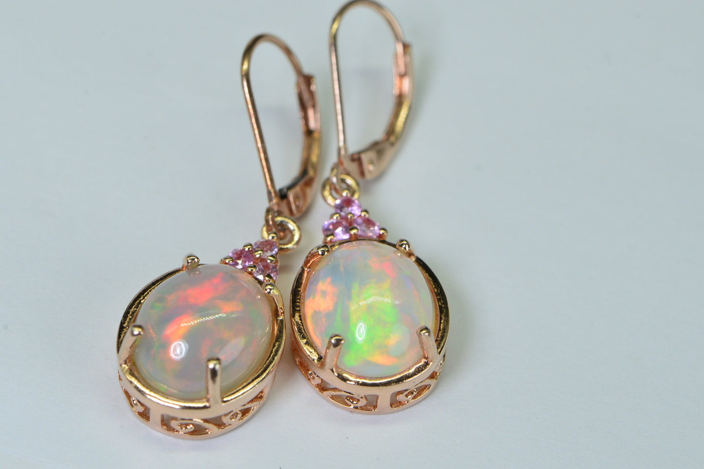 Ethiopian Welo Opal Earrings: Pink Sapphire, 14K Rose Gold Vermeil