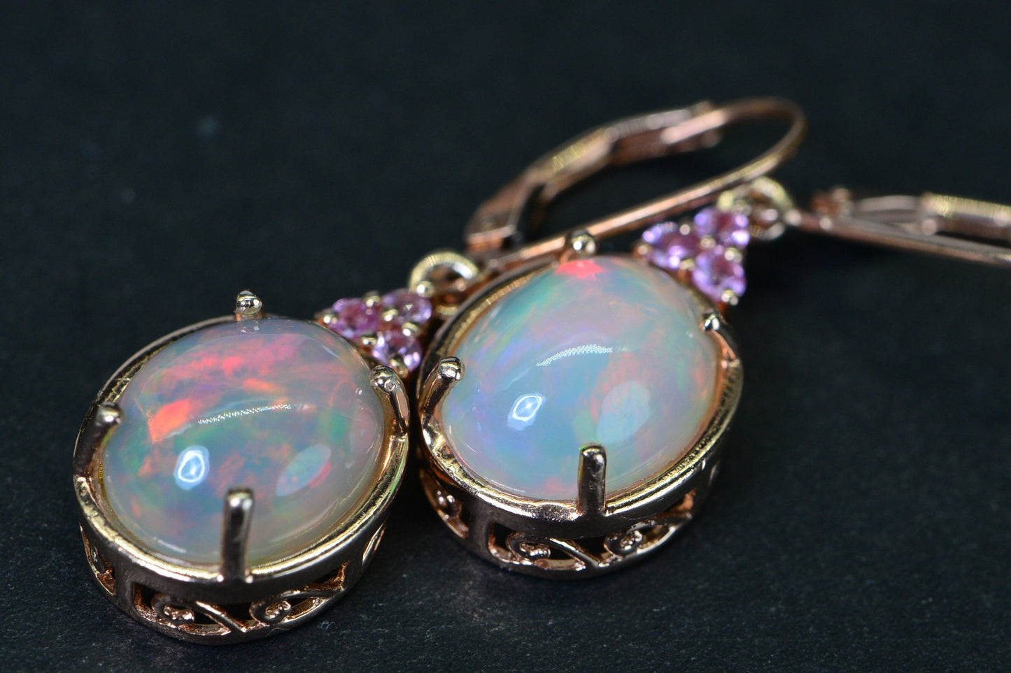 Ethiopian Welo Opal Earrings: Pink Sapphire, 14K Rose Gold Vermeil