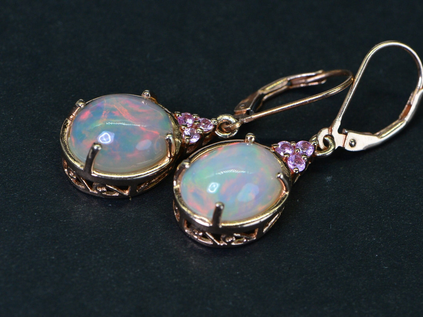 Ethiopian Welo Opal Earrings: Pink Sapphire, 14K Rose Gold Vermeil