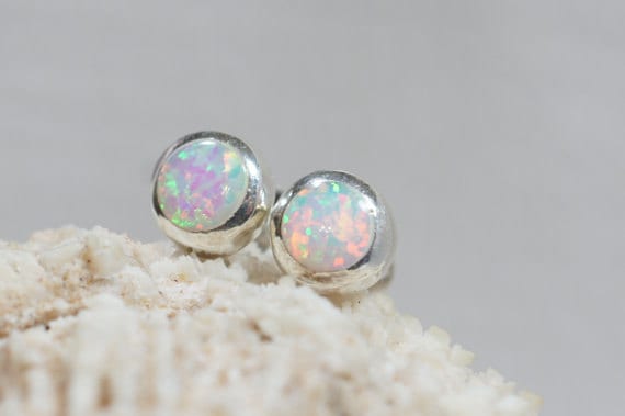 White Opal Stud Earrings, Sterling Silver Posts, Tiny 6mm