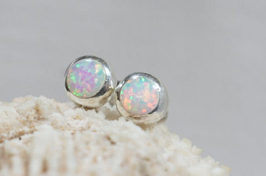 White Opal Stud Earrings, Sterling Silver Posts, Tiny 6mm