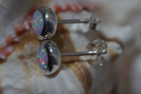 White Opal Earrings Bezel Set Round Sterling Silver Minimalist Everyday Studs Birthstone October Birthday Gift white opal earrings