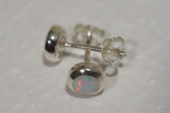 White Opal Earrings Bezel Set Round Sterling Silver Minimalist Everyday Studs Birthstone October Birthday Gift white opal earrings