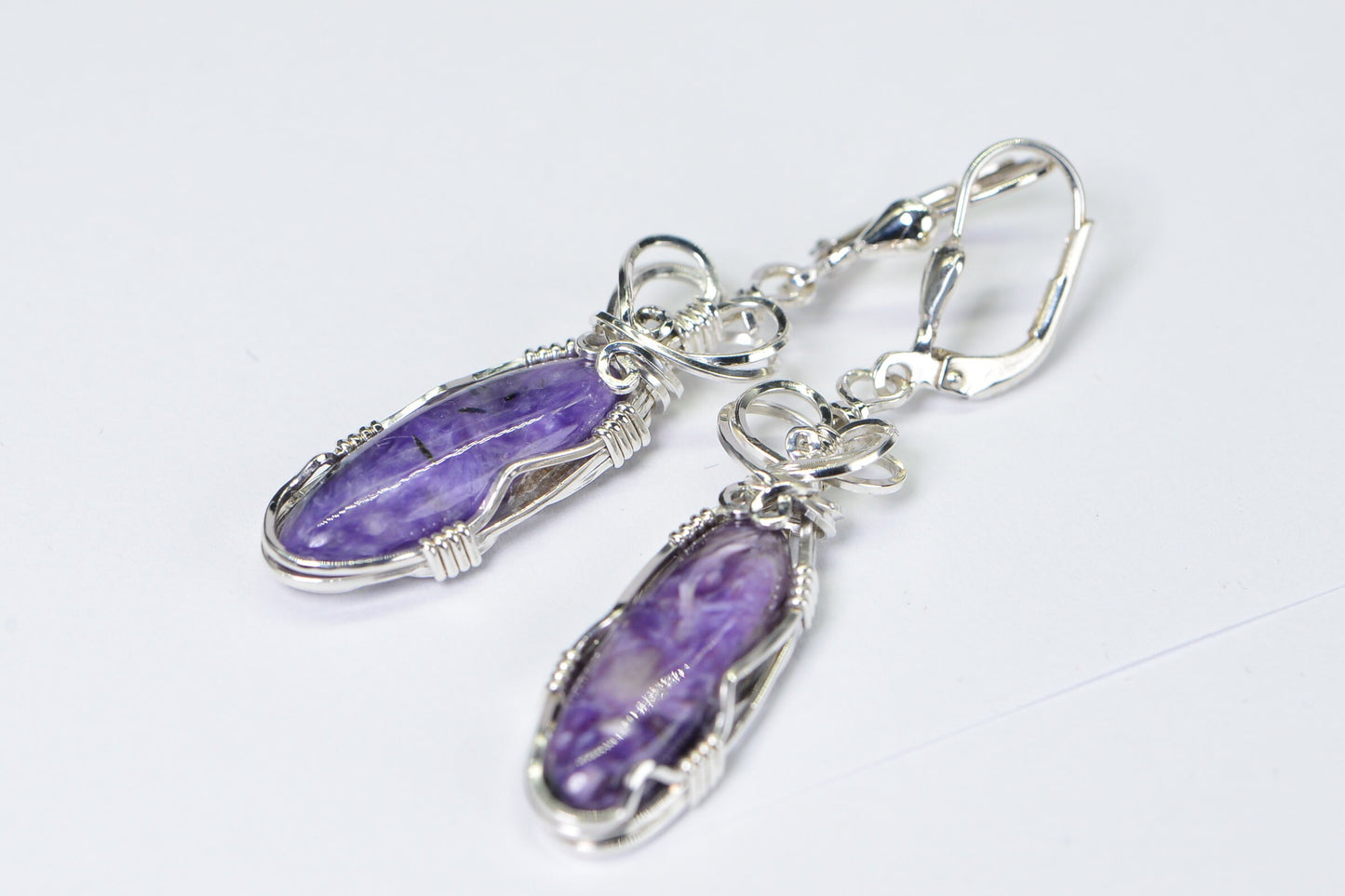 Natural Russian Charoite Earrings Wire Wrapped Sterling Silver Marquise Gemstone Earrings Purple Stone Earrings Christmas Gift For Mother