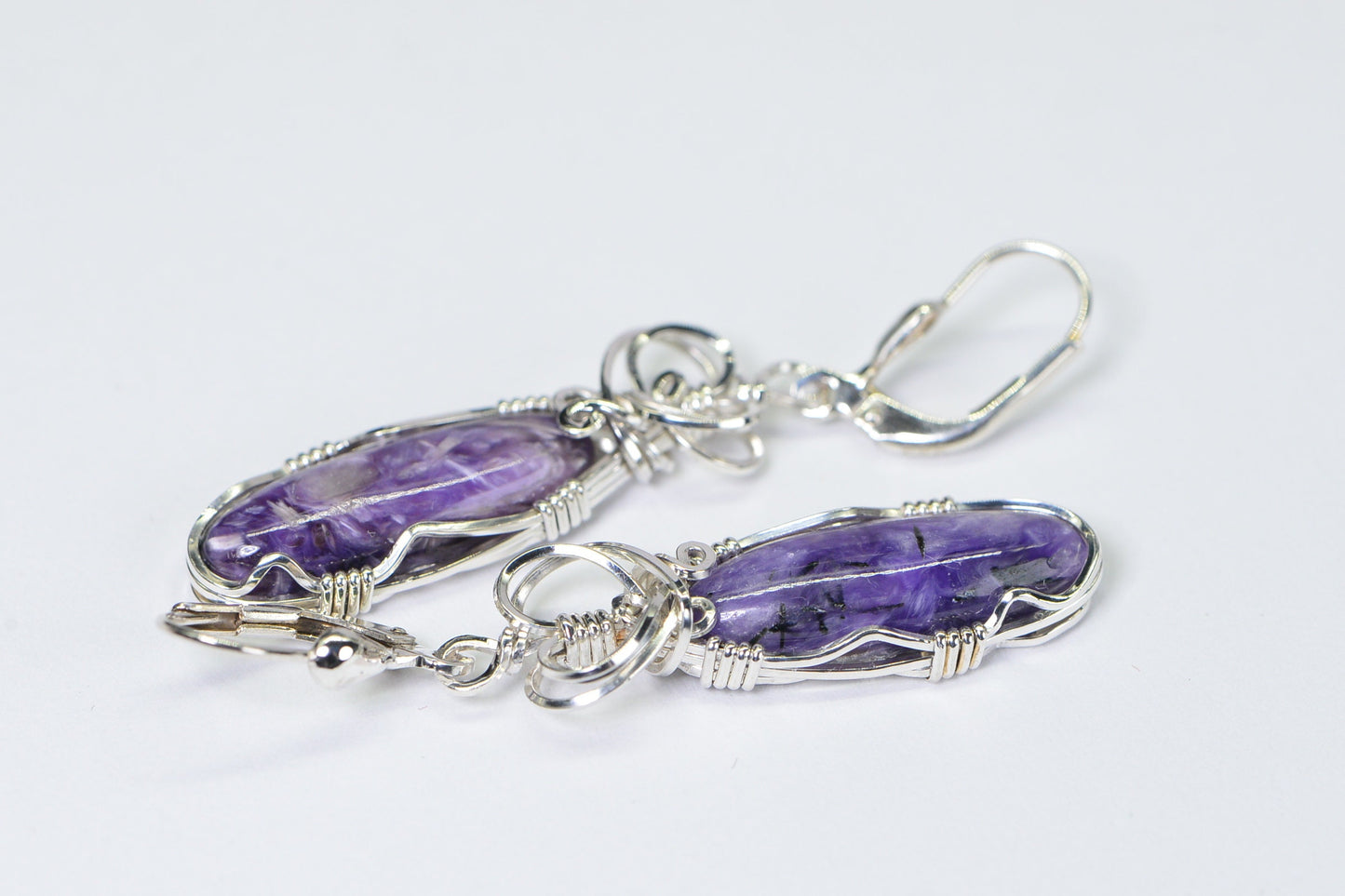 Natural Russian Charoite Earrings Wire Wrapped Sterling Silver Marquise Gemstone Earrings Purple Stone Earrings Christmas Gift For Mother