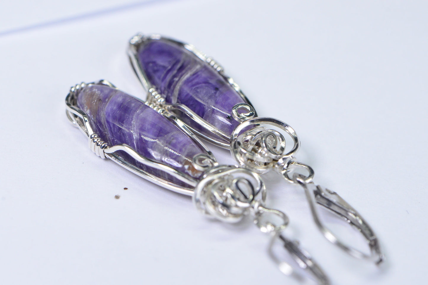 Natural Russian Charoite Earrings Wire Wrapped Sterling Silver Marquise Gemstone Earrings Purple Stone Earrings Christmas Gift For Mother