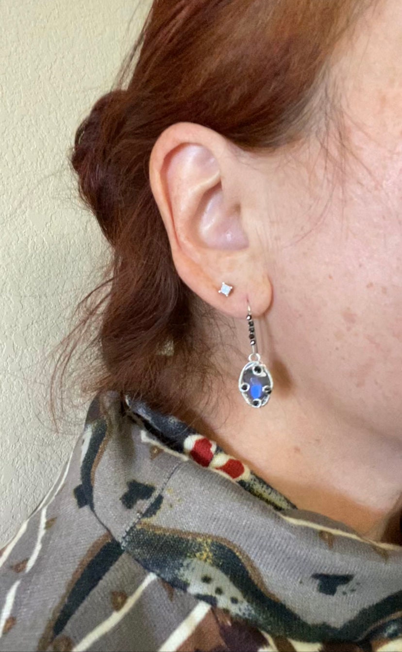 Labradorite Dangle Earrings: Sterling Silver Wire Wrapped with Black Tourmaline