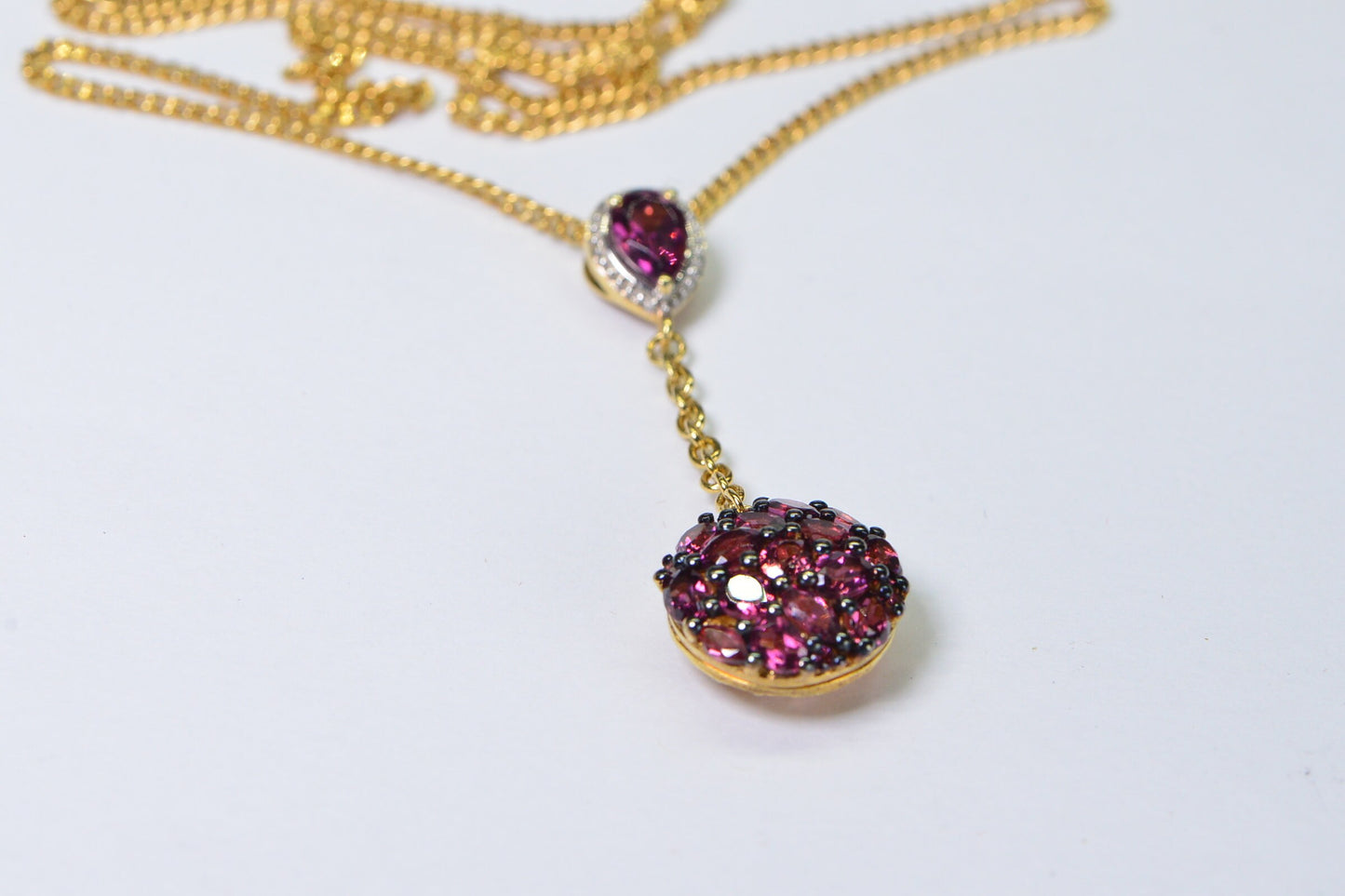 Garnet Lariat Necklace: 14K Gold over Sterling Silver, Gemstone Cluster