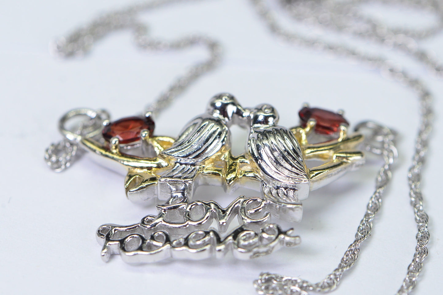 Two Birds Kiss Pendant Necklace Sterling silver and Gold Natural Garnet Necklace