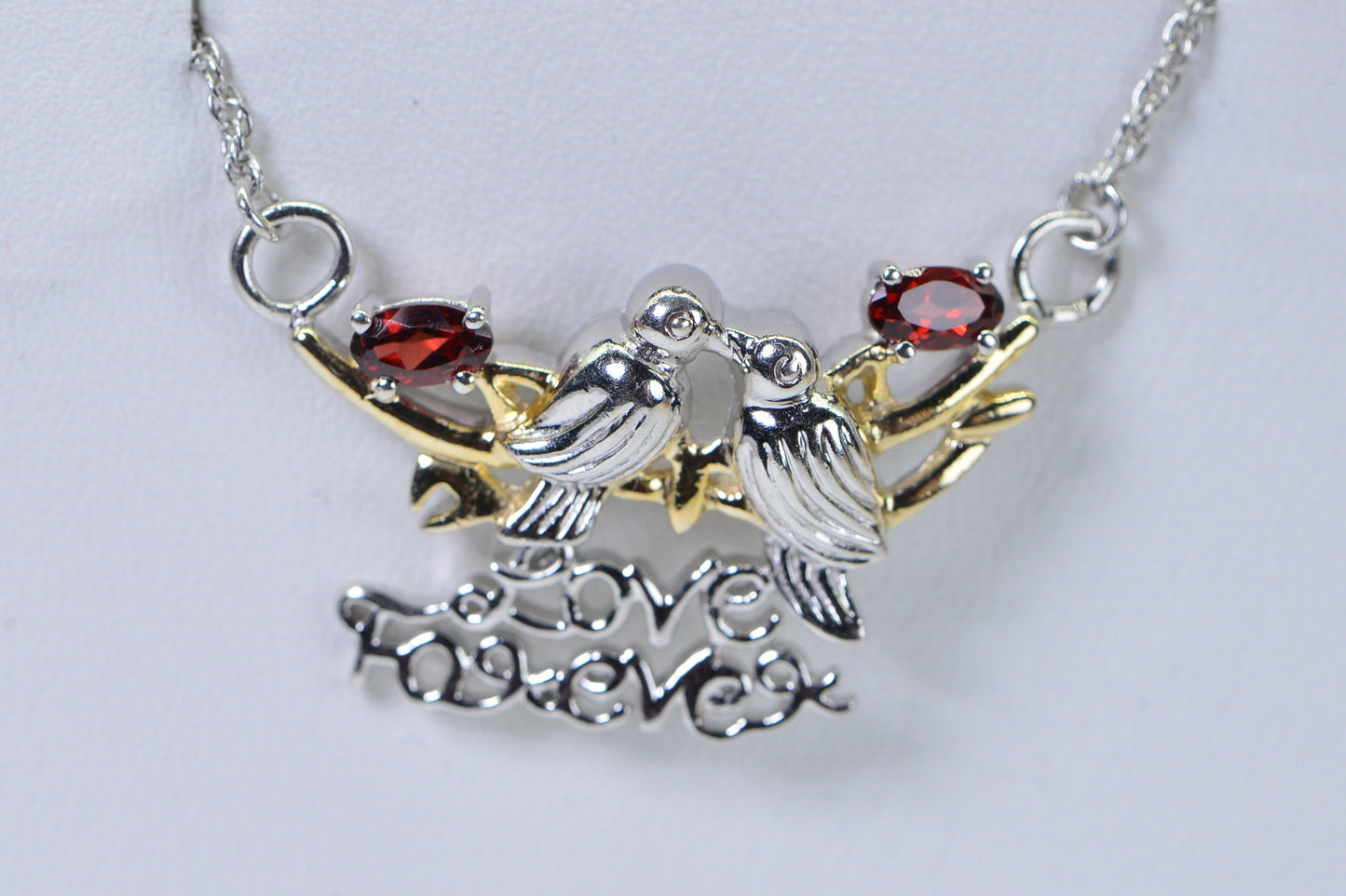 Two Birds Kiss Pendant Necklace Sterling silver and Gold Natural Garnet Necklace