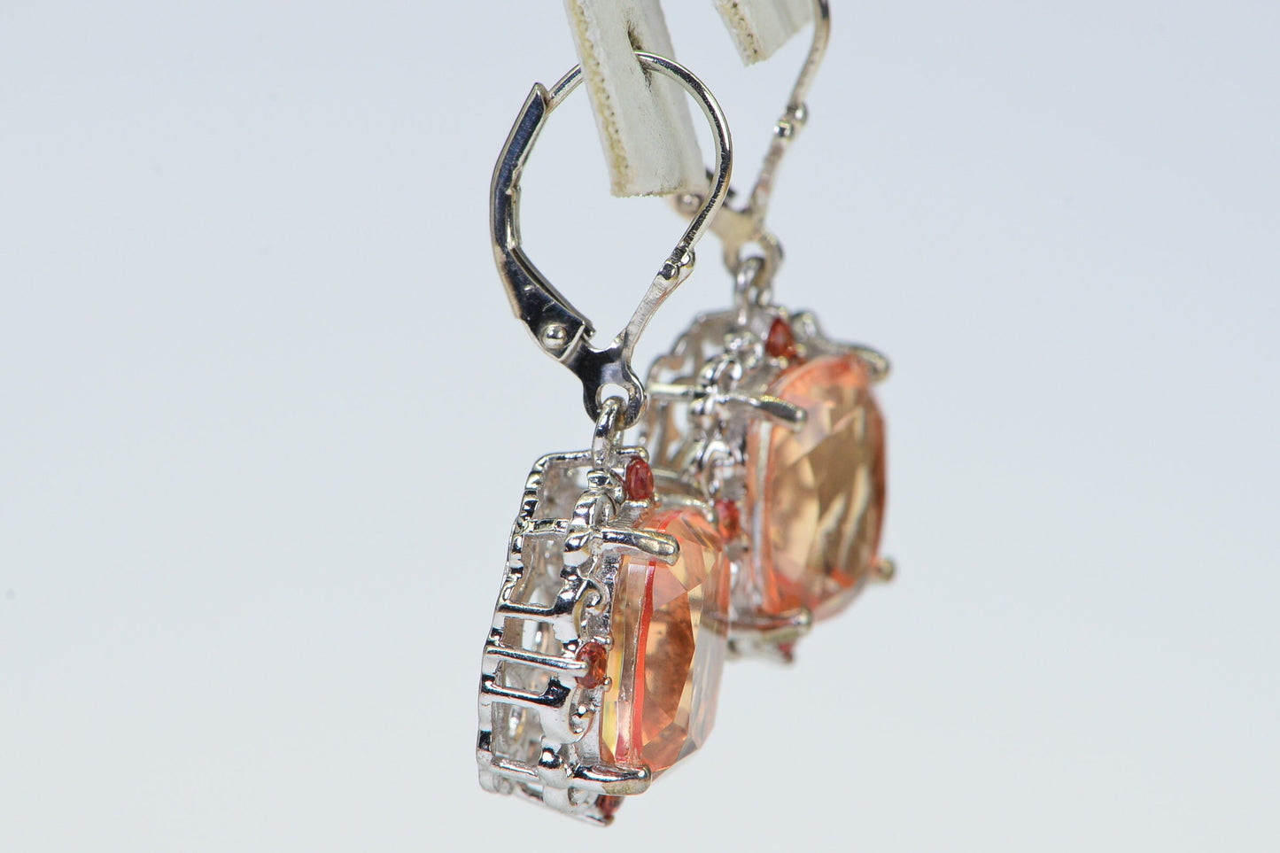 Peach Morganite Earrings, Emerald Cut, Filigree Sterling Silver