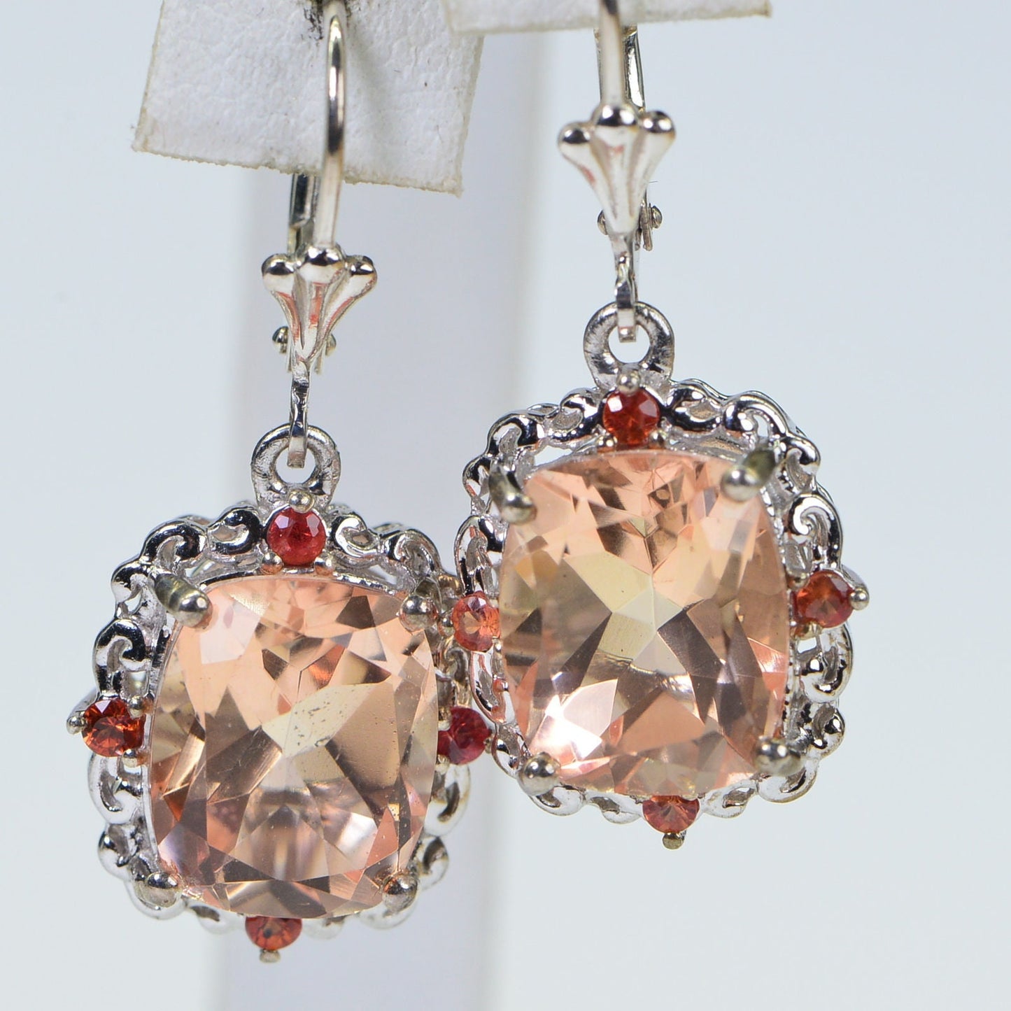 Peach Morganite Earrings, Emerald Cut, Filigree Sterling Silver