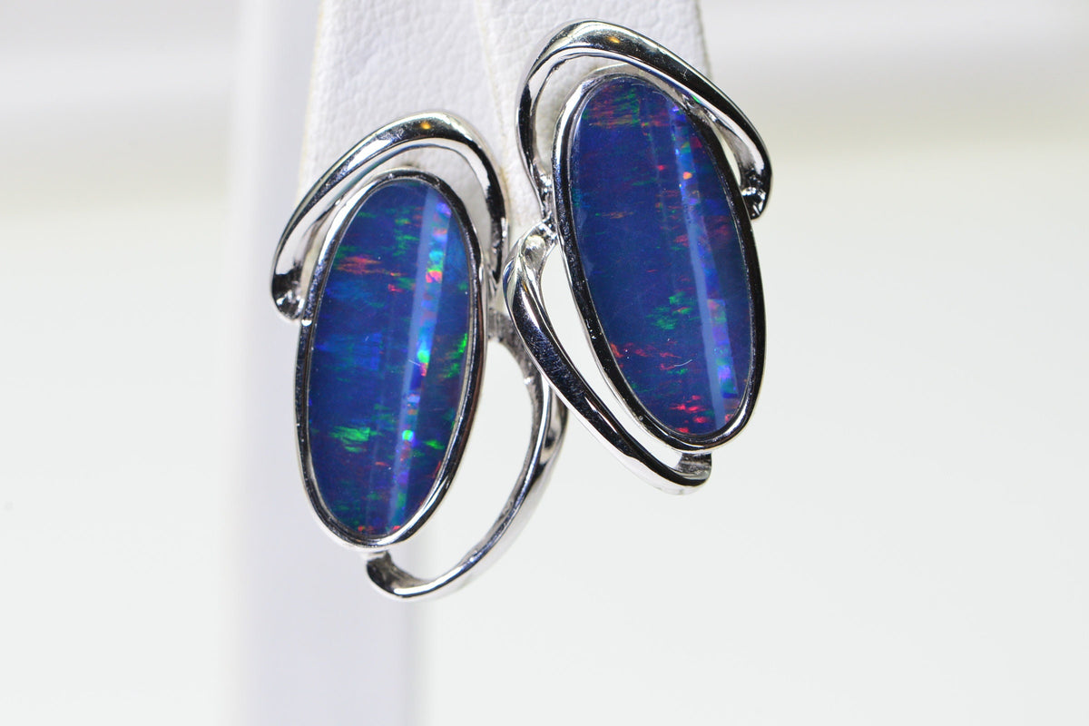 Australian Black Opal Earrings: Sterling Silver, Freeform Gemstone