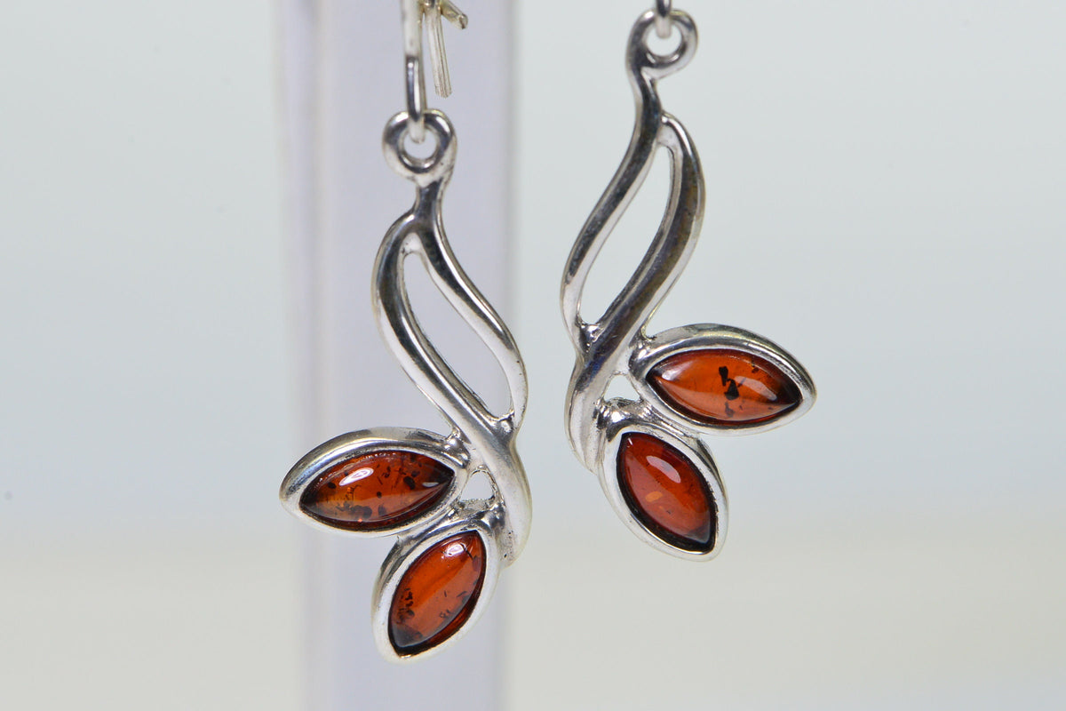 Baltic Amber Earrings: Sterling Silver Branch Leaf Dangle Earrings