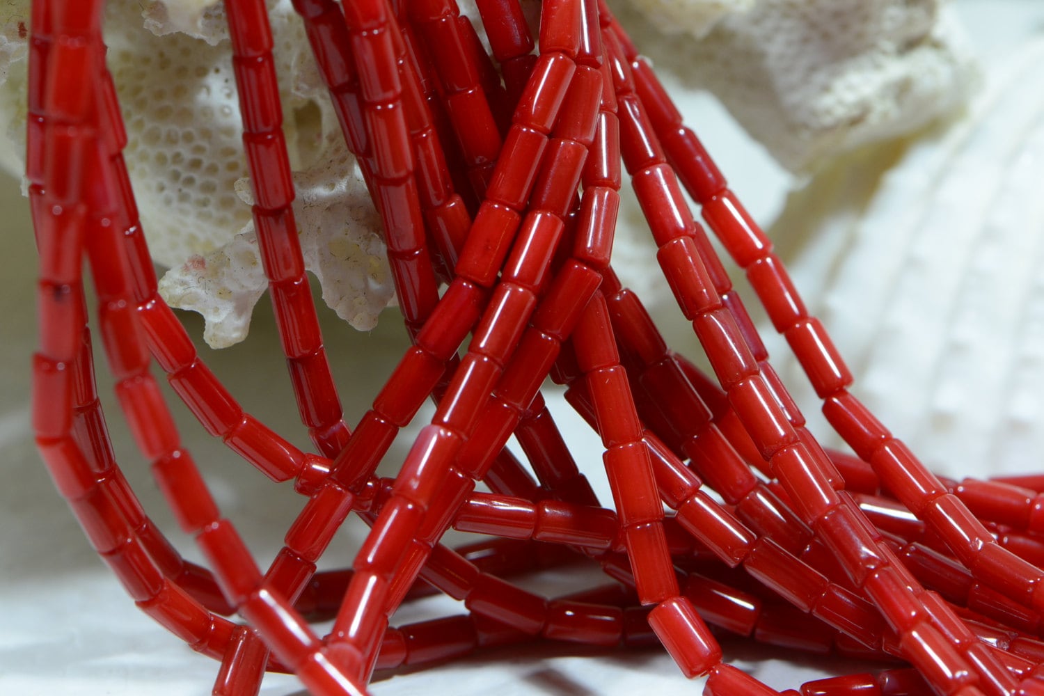 Natural Red Coral Tube Beads: 16 Inch Strand, Jewelry Making