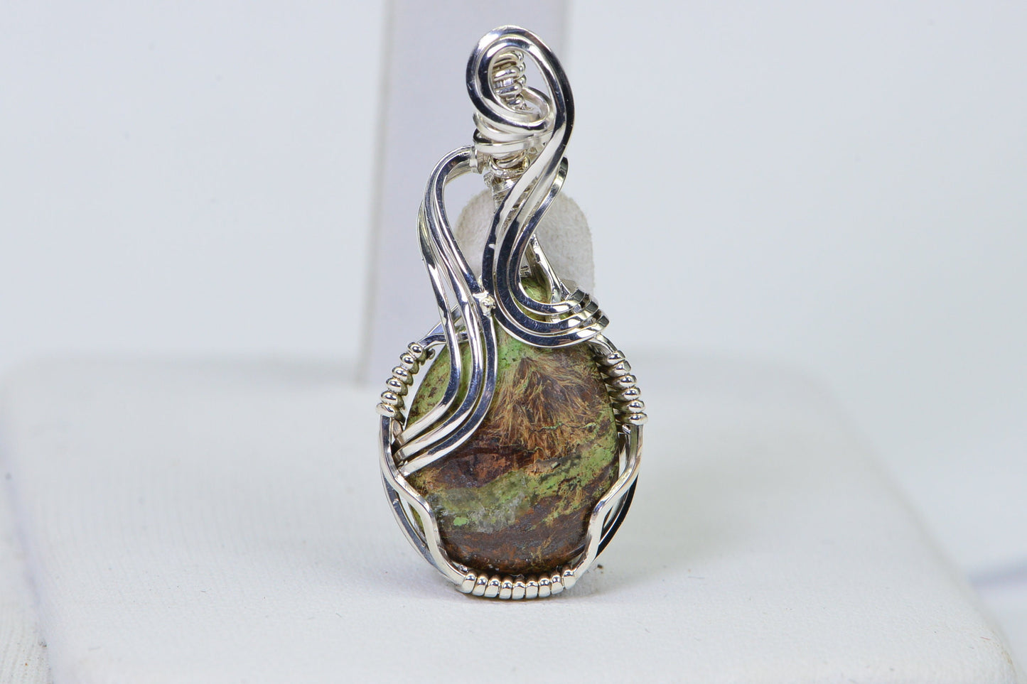 Australian Gaspeite Sterling Silver Pendant Necklace: Wire Wrapped Healing Stone