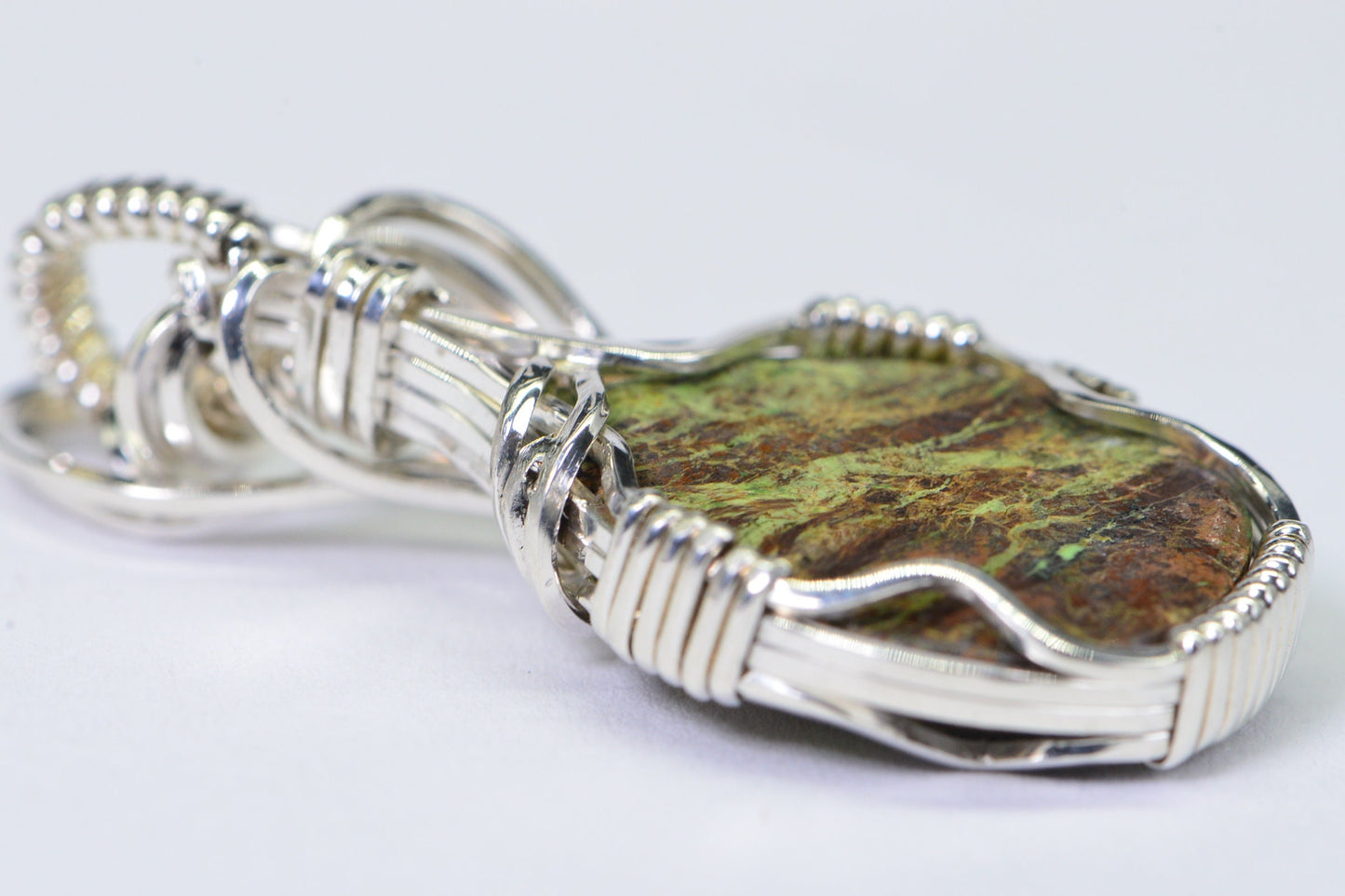 Australian Gaspeite Sterling Silver Pendant Necklace: Wire Wrapped Healing Stone