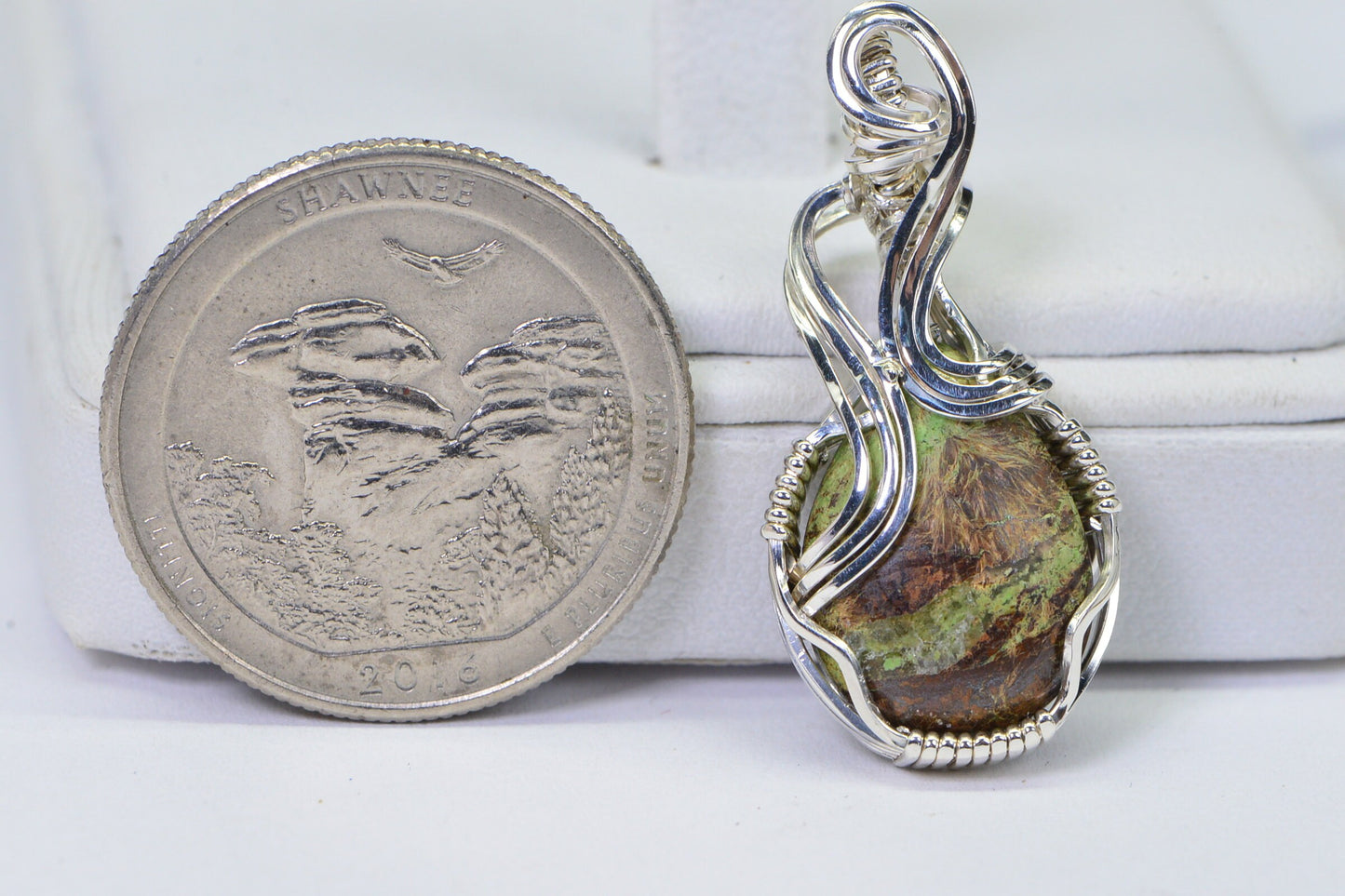 Australian Gaspeite Sterling Silver Pendant Necklace: Wire Wrapped Healing Stone