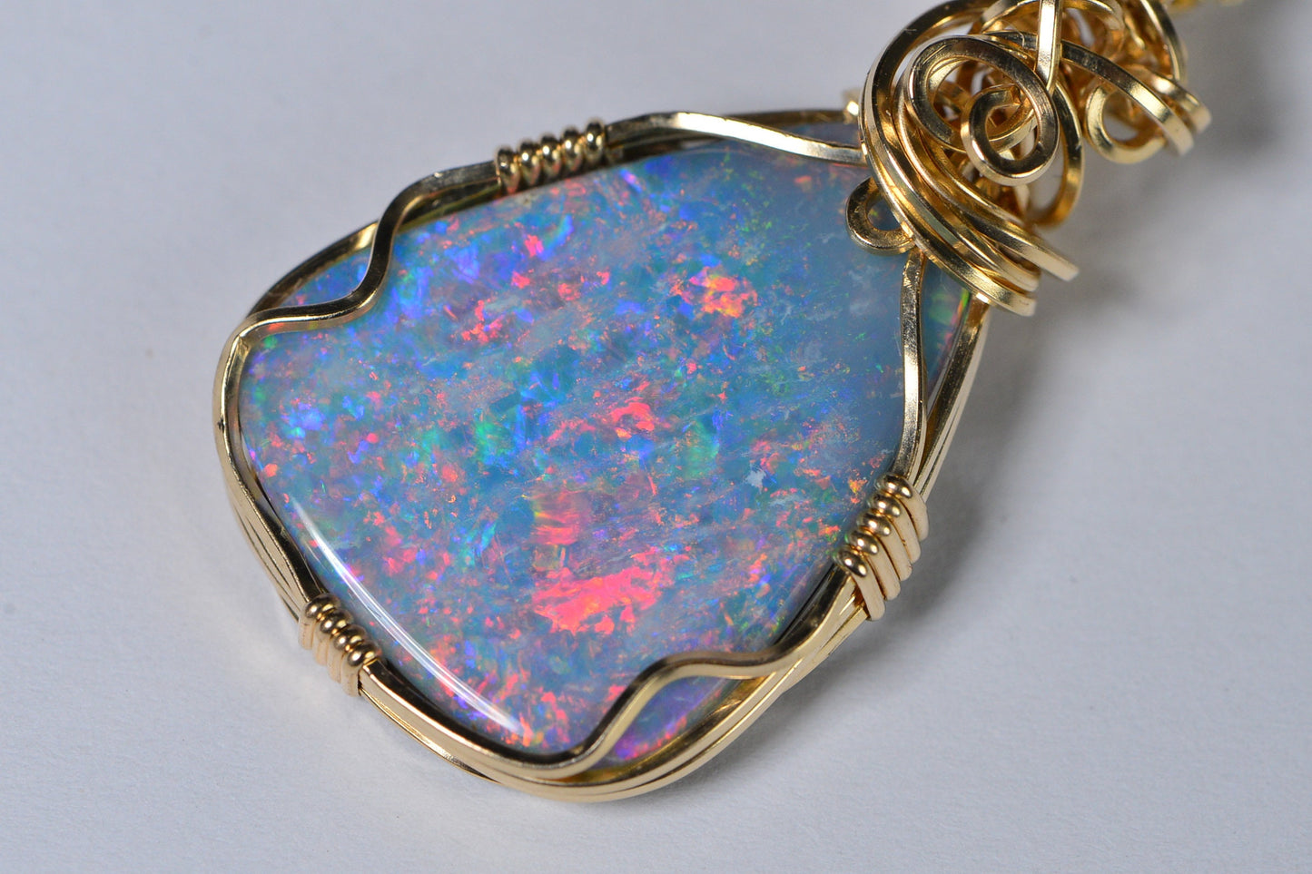 Rainbow Australian Opal Pendant Necklace, 14k Gold Wire Wrapped Jewelry