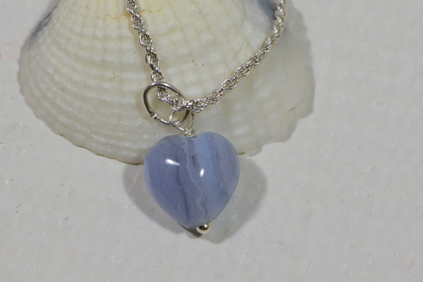 Blue Agate Heart Pendant, Sterling Silver Rope Chain Necklace