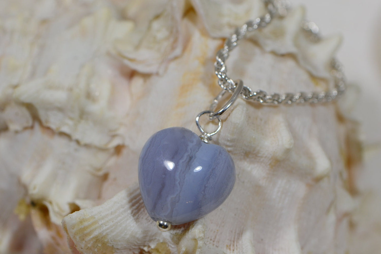 Blue Agate Heart Pendant, Sterling Silver Rope Chain Necklace