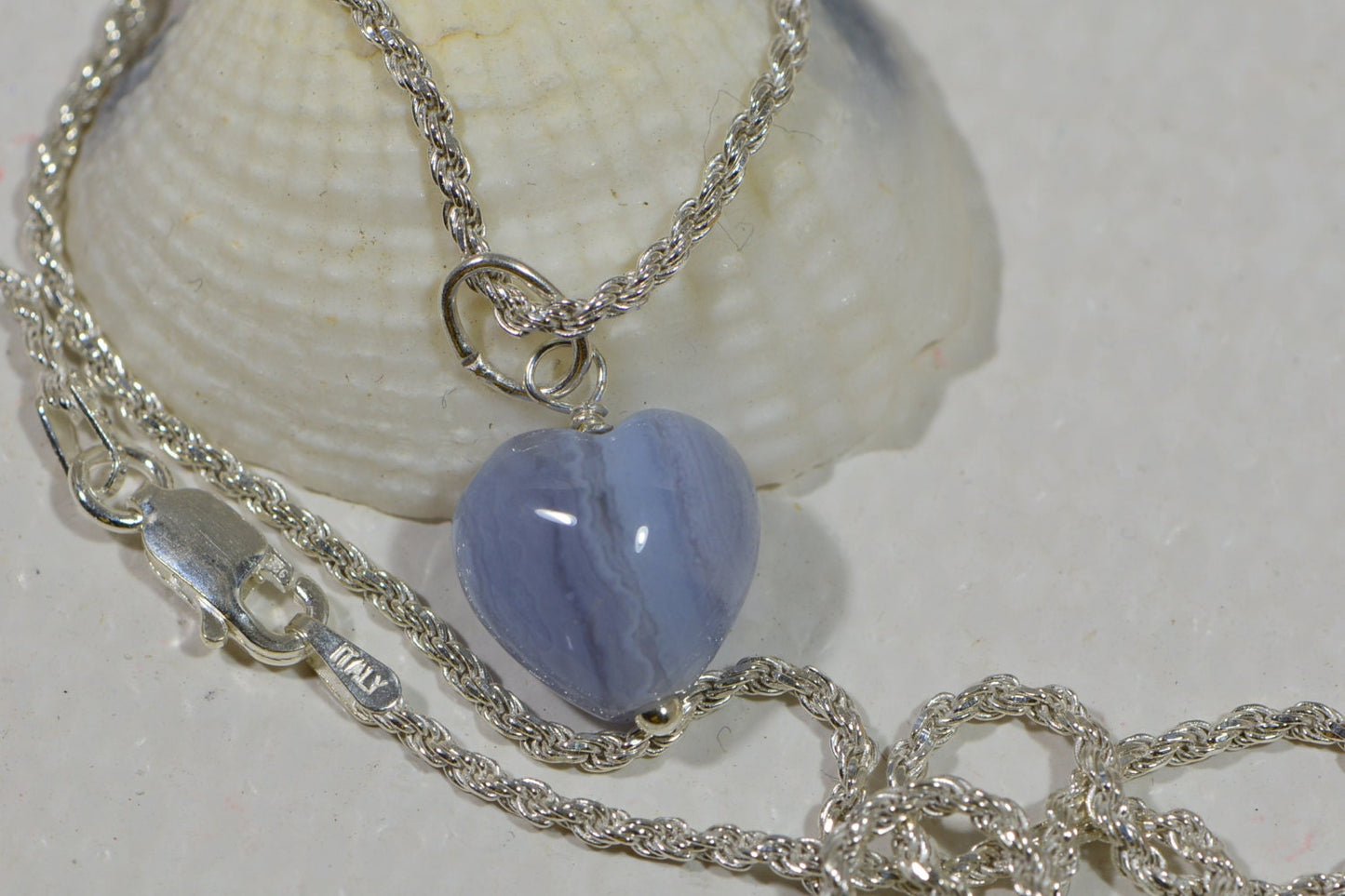 Blue Agate Heart Pendant, Sterling Silver Rope Chain Necklace