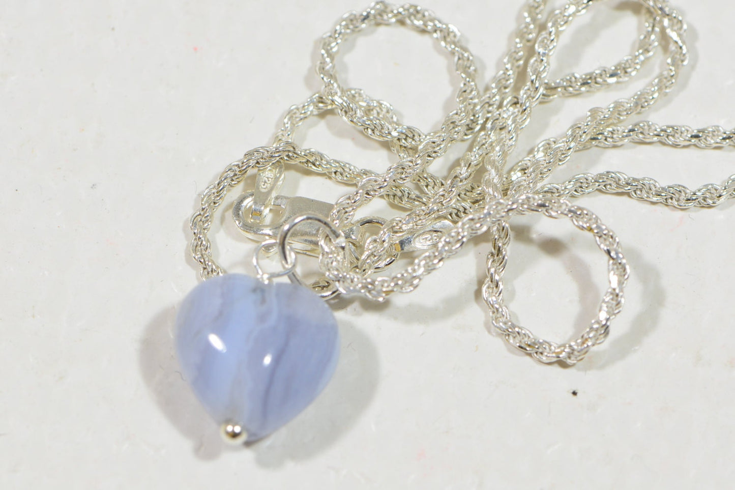 Blue Agate Heart Pendant, Sterling Silver Rope Chain Necklace
